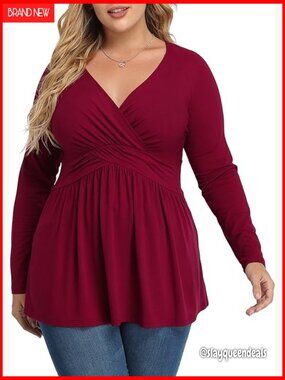 Plus Size V Neck Long Sleeve Tunic Top Dressy Casual Blouse